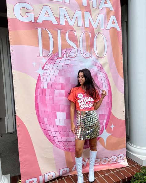 Disco Bid Day, Bid Day Banner, Spirit Week Themes, Sorority Themes, Recruitment Themes, Dance Marathon, Sorority Banner, Dance Decorations, Alpha Gam