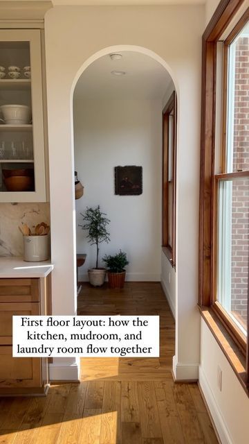 Jade Lundgren on Instagram: "Directly behind the kitchen, through the arches, is the mudroom (still a work in progress) which connects to the laundry room. I tied in elements from the kitchen that I love and added some fun elements that I didn’t get to include in the kitchen. The laundry room is small, but the layout makes pretty great use of every square inch. And P.S.- the song for this reel is super special. It was written by some friends of mine @jordanmerritt @travisryan and @peopleandson Laundry Off Kitchen, Hallway Laundry Door Ideas, Kitchen To Laundry Room Transition, Arch Mudroom, Archway Into Kitchen, Arch Into Kitchen, Mudd Room Ideas, Room Off Kitchen, Dutch Kitchen