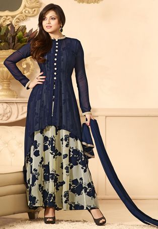 Embroidered Georgette Abaya Style Suit in Dark Blue Pakistani Salwar, Salwar Kamiz, Designer Party Wear Dresses, Stylish Dresses For Girls, Anarkali Dress, Designs For Dresses, Stylish Dress Designs, Designer Dresses Indian, Desi Fashion