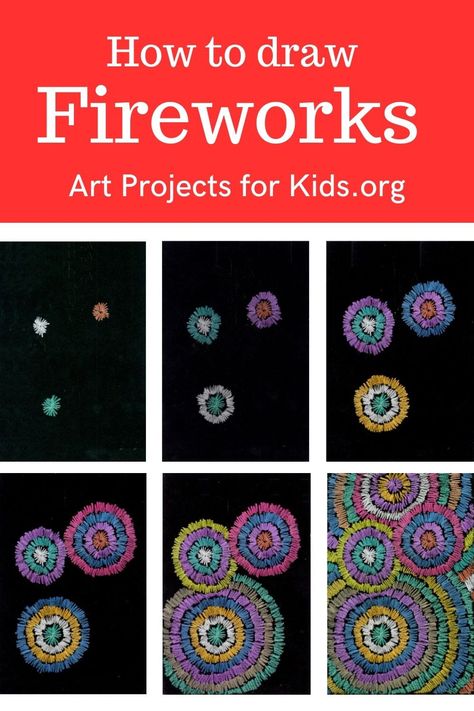 Learn how to draw Fireworks with an easy step-by-step PDF tutorial. How To Draw Fire Works, Oil Pastel Fireworks, How To Draw A Firework, Drawing Of Fireworks, Firework Art For Kids, New Year Art Ideas, How To Paint Fireworks, Fireworks Art For Kids, Happy New Year Art Ideas