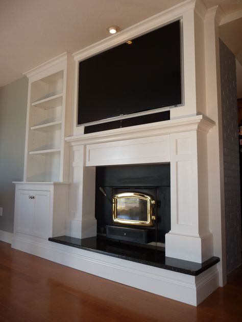 75 inch TV above fireplace - Yahoo Image Search Results Fireplace Mantel With Tv, Mantlepiece Ideas, Mantel With Tv, Build A Fireplace Mantel, Mantle Tv, Custom Mantle, Fireplace Backyard, Above Fireplace Ideas, Build A Tv Stand