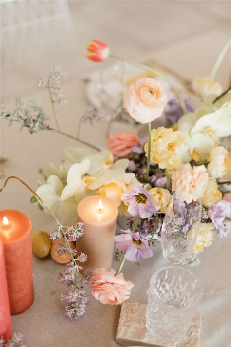 Soft Pastels with Bright Touches | Buttery Yellow, Lilac, Peach, Apricot, Coral Peach And Lilac Wedding, Lilac Peach Wedding, Apricot Flowers Wedding, Lavender Peach Wedding Flowers, Lilac And Peach Flowers, Apricot Wedding, Peach Candle, Lavender Wedding Theme, Peach Bridesmaid Dresses