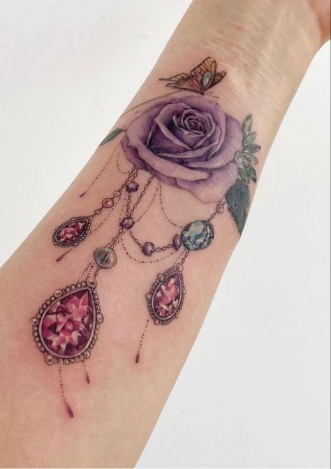 Lace And Jewel Tattoos For Women, Victorian Jewelry Tattoo, Jewelry Tattoo Designs, Diamond Tattoo Designs, Strong Tattoos, Cuff Tattoo, Wiccan Tattoos, Gem Tattoo, Jewel Tattoo