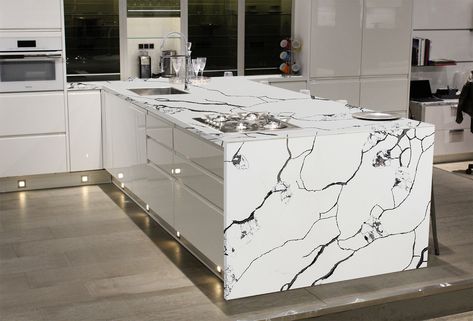 Black And White Quartz Countertops, Taj Mahal Quartzite Countertops, Florida Kitchen, Taj Mahal Quartzite, Quartz Tiles, Calacatta Quartz, Black Kitchen Sink, Quartz Worktops, Quartz Kitchen Countertops