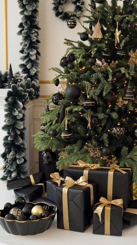 Explore these Black and Gold Christmas decor ideas to transform your home into a stylish, sophisticated space for the holidays. Black White And Gold Christmas Tree Decorations, Black Gold And Red Christmas Decor, Christmas Tree With Black Bows, Black And Gold Xmas Tree, Brown And Black Christmas Tree, Green Gold Black Christmas, Black Bow Christmas Tree, Christmas Tree Black Decorations, Black Tree Decorating Ideas