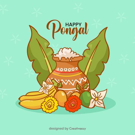 happy-pongal-clay-pot-fruits-flower-vector-on-green-background Pongal Illustration, Pongal Festival Images, Pongal Images, Sweet Pongal, Happy Pongal, Fruits And Flowers, Festival Image, Flower Vector, Illustration Food