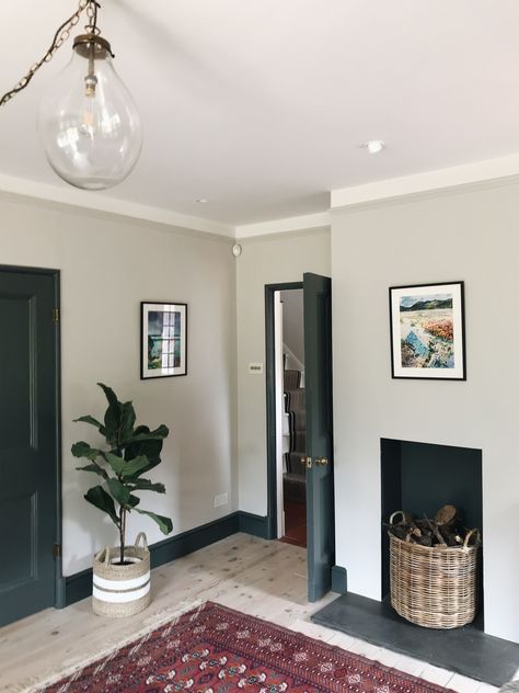 Dark Grey Skirting Boards, Cornforth White Living Room, Dark Woodwork, Painted Woodwork, Farrow And Ball Living Room, Lounge Diner, Cornforth White, Hallway Designs, Basement Makeover