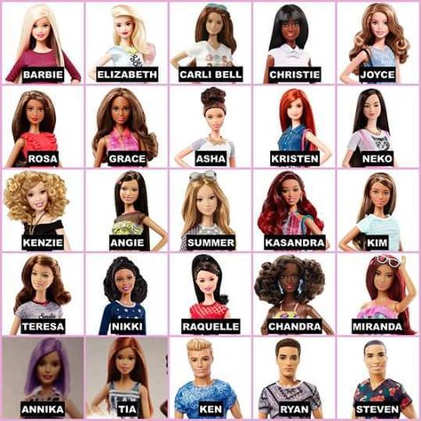 October 16, 2015 – Barbie and Ken Fashionistas Dolls 2015 – 2016. The Barbie dolls pictured below are all Barbie and Ken Dolls, the name underneath them is the name their face style is called in Germany Mattel Catalog. Barbie Puppy, Celebrity Barbie Dolls, Barbie Things, Celebrity Dolls, Barbie Fashionista Dolls, Barbie Family, Face Mold, Girl Name, Barbie Stuff