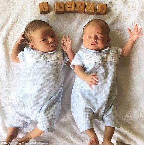 Proud mom: On Thursday, Meghan King Edmonds took to Instagram to share a photo of her one-month-old twin boys. 'Happy one-month birthday to my chill and cuddly Hayes, and my feisty and squirmy Hart,' the 33-year-old reality star said One Month Birthday, Happy One Month, Twin Sons, Twin Photos, Old King, One Month Old, Twin Boys, Proud Mom, One Year Old