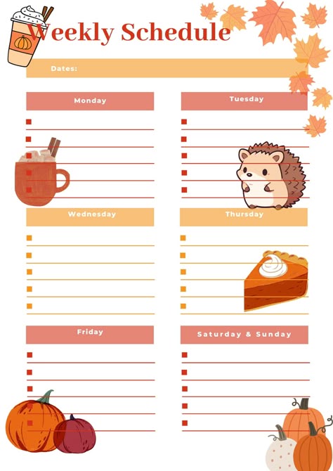 A cute, fall-themed weekly planner template for all your organizing needs! Fall Homeschool Themes, November Weekly Planner, October Weekly Planner, October Planner Layout, Fall Weekly Planner, October Bullet Journal Theme, Pink Classroom, Autumn Bullet Journal, Autumn Planner