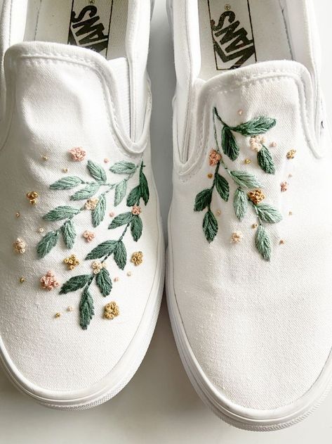 Hand embroidered flowers and leaves on Vans sneakers Birkenstock Embroidery, Vans Embroidery Slip On, Embroidery With Thread, Embroidery In Shoes, Embroidery On Vans, Embroidery Designs Shoes, Hand Embroidery On Shoes, Hand Embroidery Shoes, Embroidered Vans Slip On