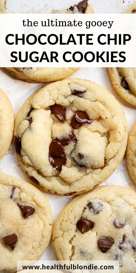 The ultimate soft and gooey chocolate chip sugar cookies recipe. They are sweet, chewy, and easy to make with 8 basic ingredients. Seriously, the best cookies ever! Soft And Chewy Chocolate Chip Cookies, Soft Chocolate Chip Cookie Recipe, Chocolate Chip Sugar Cookies, Chocolate Chip Cookies Easy, Basic Chocolate Chip Cookies, Healthy Sugar Cookies, Chewy Sugar Cookie Recipe, Chip Recipes, Fast Desserts