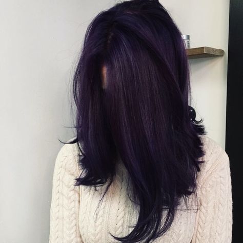 Mystic Blue Hair Color, Purplish Black Hair Color, Dark Purple Hair Grunge, Full Purple Hair, Super Dark Purple Hair, Black Orchid Hair Color, Smoked Purple Hair Color, Blackberry Purple Hair, Black Dark Purple Hair