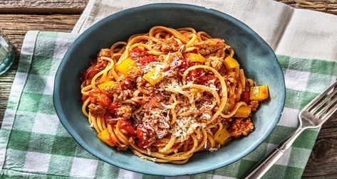 Crunchy Onions, Tuscan Sausage, Sausage And Peppers Pasta, Moo Shu Pork, Linguine Recipes, Mild Italian Sausage, Hello Fresh Recipes, Pepper Pasta, Sweet Peppers