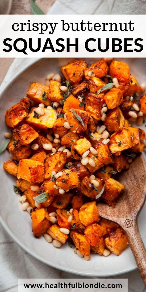 These easy air fryer butternut squash cubes are tender, crispy, and ready in under 20 minutes. You can pick from three delicious flavor variations: garlic sage with pine nuts, cinnamon maple glazed, or rosemary. The perfect side dish for any meal! Air Fryer Butternut Squash, Butternut Squash Side Dish, Low Carb Cornbread, Butternut Squash Cinnamon, Butternut Squash Recipe, Easy Butternut Squash, Butternut Squash Cubes, Autumn Side Dishes, Butternut Squash Recipes