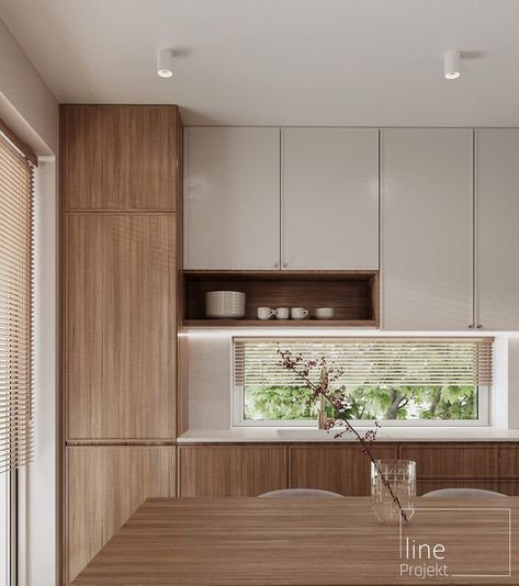 Beige And Walnut Kitchen, Japandi Oak Kitchen, Wooden Beige Kitchen, Small Japandi Kitchen, Kitchen Set Japandi, Kitchen With Wood Cabinets, Japandi Kitchen U Shape, L Shape Kitchen, Kitchen Japanese Style