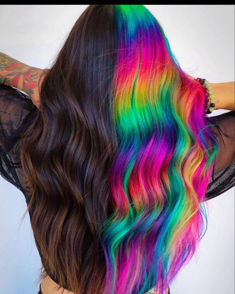 Rainbow Split Dye, Weird Haircuts, Exotic Hair Color, Hair Colour Design, Purple Ombre Hair, Split Dyed Hair, Hair Color Underneath, Rainbow Hair Color, Cute Hair Colors