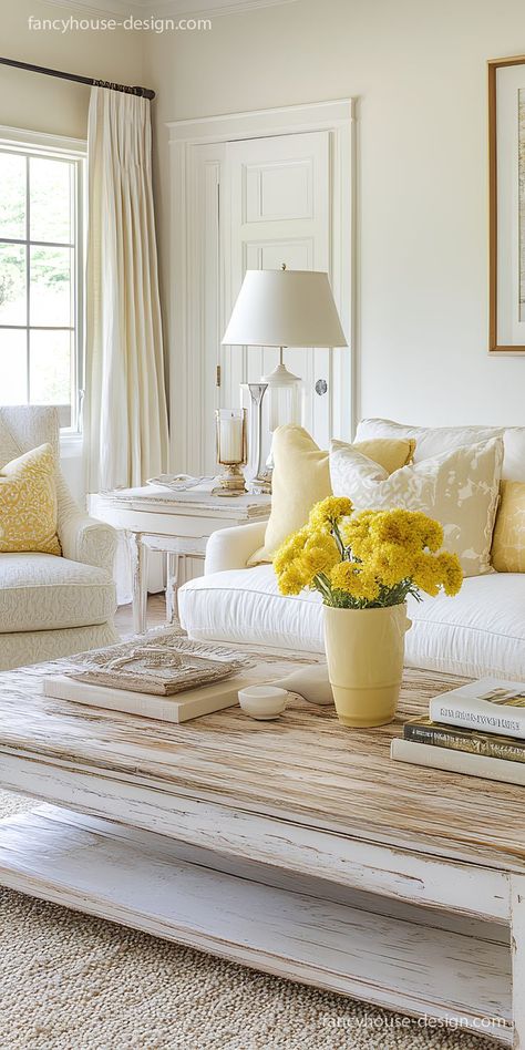 The bright living room blends warm yellow walls with navy cushions, creating a striking balance between vibrant and calm tones. Beige Room With Pops Of Color, Pale Yellow Living Room, Cheerful Living Room, Mustard Yellow Accents, Navy Cushions, Cream Living Room, Grand Millenial, Yellow Decor Living Room, Gray Furniture