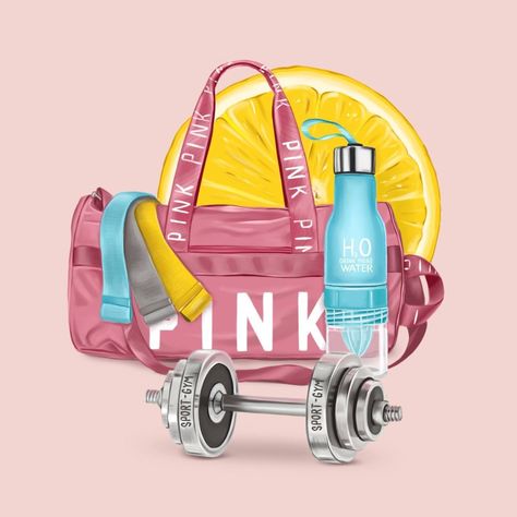 Illustration fashion food Water Bottle Illustration, Gym Illustration, Bottle Illustration, Gym Water Bottle, Doll Aesthetic, Pink Drinks, Water Sport, Funny Illustration, Pole Fitness