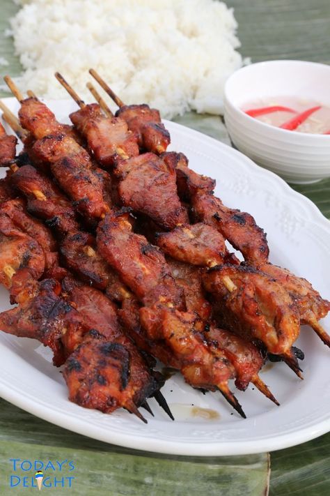 Filipino Style Pork BBQ https://www.todaysdelight.com/filipino-style-pork-bbq/ Filipino Kabobs, Pork Inasal Recipe, Pork Filipino Recipe, Filipino Pork Barbecue Recipe, Pork Siomai Recipe, Longanisa Recipe, Dolmades Recipe, Filipino Pork Bbq, Pork Schnitzel Recipe