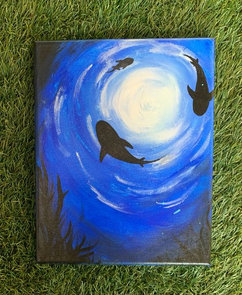 Easy Painting Ideas On Canvas Blue, Painting Ideas Blue Background, Paintings With Blue Backgrounds, Shark Acrylic Painting, Ocean Ceiling, Black And Blue Background, Easy Hand Drawings, Aquatic Art, Shark Painting