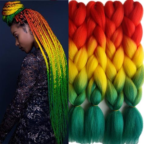 Pervado Hair 1pc 24" 100g/pc Ombre Jumbo Braids Crochet Hair Synthetic Braiding Hair Extension Yaki Bulk Red Green Rasta Color - Synthetic Braiding Hair(for Black) - AliExpress Box Dreads, Rasta Hair, Braiding Hair Colors, Yellow Hair Color, Jumbo Braiding Hair, Ombre Braid, Yaki Hair, Ombre Hair Extensions, Jumbo Braids