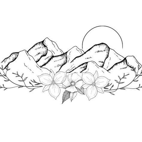 Mountain Tattoo With Flowers, Tattoo Touch Up, Moutain Tattoos, Alaska Tattoo, Montana Tattoo, Tattoo With Flowers, Mountain Tattoo Design, Flower Tattoo Back, Western Tattoos