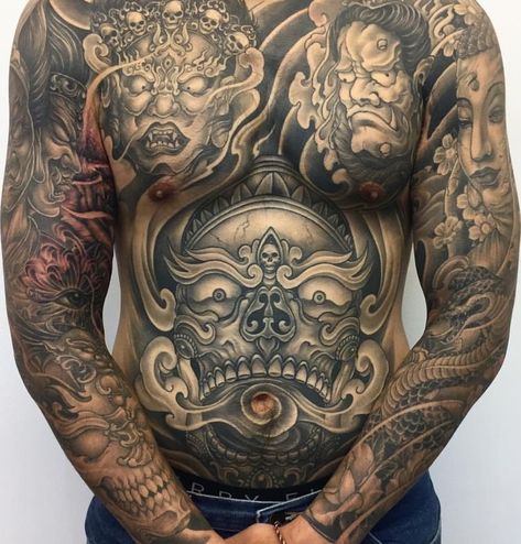 Tattoos Chest, Full Chest Tattoos, Backpiece Tattoo, Belly Tattoos, Torso Tattoos, Buddha Tattoos, Yakuza Tattoo, Chest Piece Tattoos, Traditional Japanese Tattoos