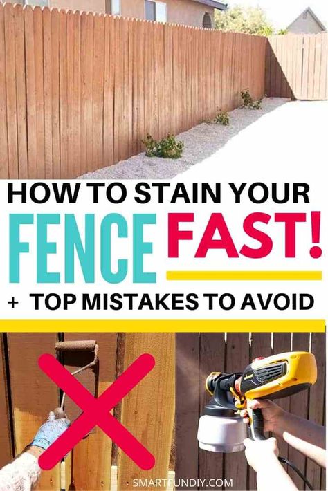 How to Stain a Fence Fast, even if it needs to be Refinished Paint Wood Fence Ideas, Deck And Fence Stain Ideas, Wood Privacy Fence Stain Colors, Dark Fence Stain, Fence Stain Ideas, Stained Fence Ideas, Wood Fence Decorations, Painting Fences Ideas Backyards, Wood Fence Decor