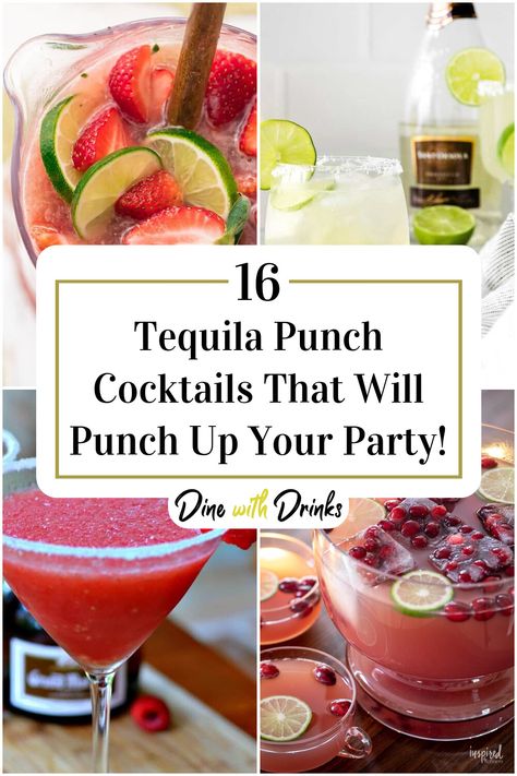 Collage of 4 tequila punch cocktails. Tequila Punch Recipes Parties, Refreshing Tequila Cocktails, Tequila Punch Recipes, Punch Cocktail Recipes, Adult Punch Recipes, Spiked Punch Recipes, Tequila Punch, Party Punch Alcohol, Bowl Cocktails