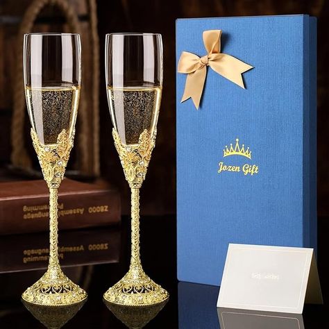 Amazon.com | Jozen Gift Gold Champagne Flutes - Crystal Glasses&Metal Base With Crystal Stone, Set of 2 Toasting Flute Pair, Wedding Anniversary, Party Birthday Banquets Gifts for Bride and Groom 6 oz: Champagne Glasses Gifts For Bride And Groom, Gold Champagne Flutes, Gifts For Bride, Toasting Flutes, Golden Anniversary, Crystal Glasses, Gold Champagne, Wedding Anniversary Party, Champagne Glasses