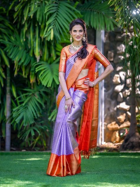 Purple Bridal Saree, Designers Blouse, Kanchipattu Sarees, Shilpa Reddy, Saree Color Combinations, Kanchi Saree, Pink Blouse Designs, Saree Ideas, Bridal Sarees South Indian