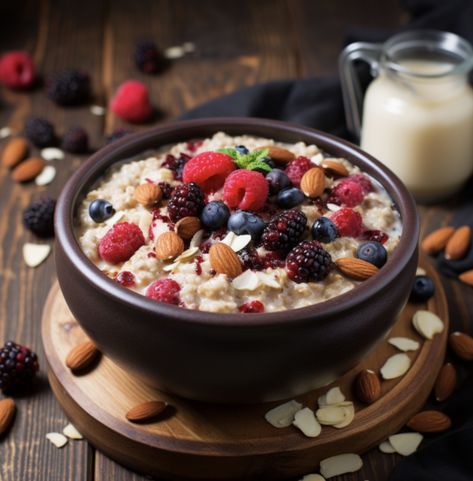 Oatmeal with Berries and Nuts Oatmeal With Nuts And Fruit, Oatmeal Photography, Oatmeal With Berries, Oats With Milk, Berry Oatmeal, Oatmeal With Fruit, Assorted Nuts, Wellness Plan, Berries Recipes