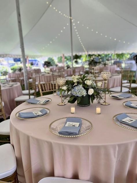 Dusty Blue And Rose Gold Wedding Table Settings, Pink Blue White Wedding Centerpieces, Light Blue And Gold Table Setting, Light Blue And Pink Table Setting, Navy Blue And Blush Pink Wedding Decor Table Settings, Table Settimgs In Pink And Blue, Rose Gold Wedding Table, Blush Tablecloth, Pink Table Settings