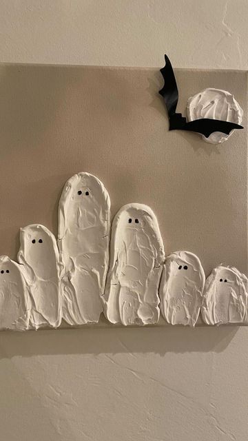 Alison-DIY on a budget inbetween real life 🤗 on Instagram: "How cute is this?? 👻 These would make a cute gift for a family. You could easily personalize each ghost or portrait too. Credit to @sarah.e.pope who I first saw do this in a little different way. Go check hers out. #halloweencraft #diyghostart #texturedart #spackledghost #jointcompoundart" Textured Halloween Art, Diy Ghost Painting, Diy Halloween Art, Ugly Christmas Sweater Ideas, Gift For A Family, Christmas Sweater Ideas, Ghost Painting, Ghost Crafts, Minimalist Halloween