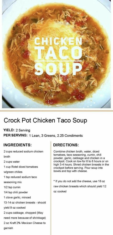 Lean Dinners, Medifast Recipes, Lean Protein Meals, Optavia Recipes, Chicken Tacos Crockpot, Lean And Green, Green Soup, Chicken Taco Soup, Crock Pot Chicken