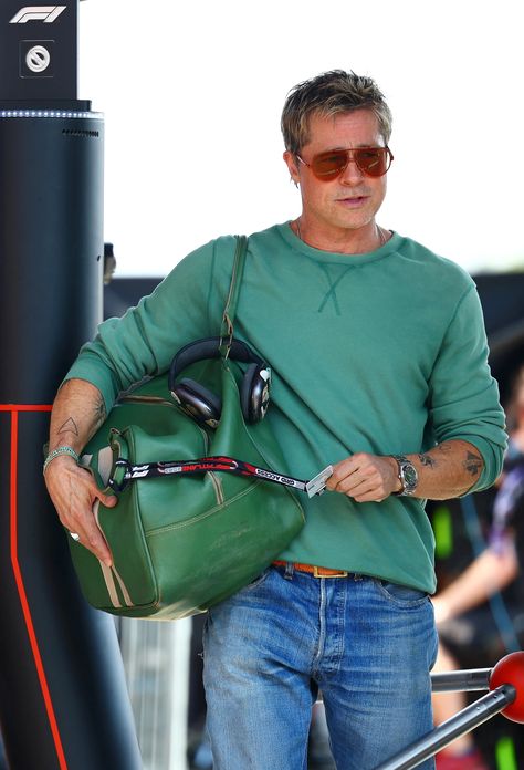 Brad Pitt Is Taking This Whole Racecar Driver Thing Seriously - InsideHook Verde Bottega, Brad Pitt Daughter, Racecar Driver, Brad Pitt Photos, Hungarian Grand Prix, Break Ups, Aging Backwards, F1 Driver, Leather Weekender Bag