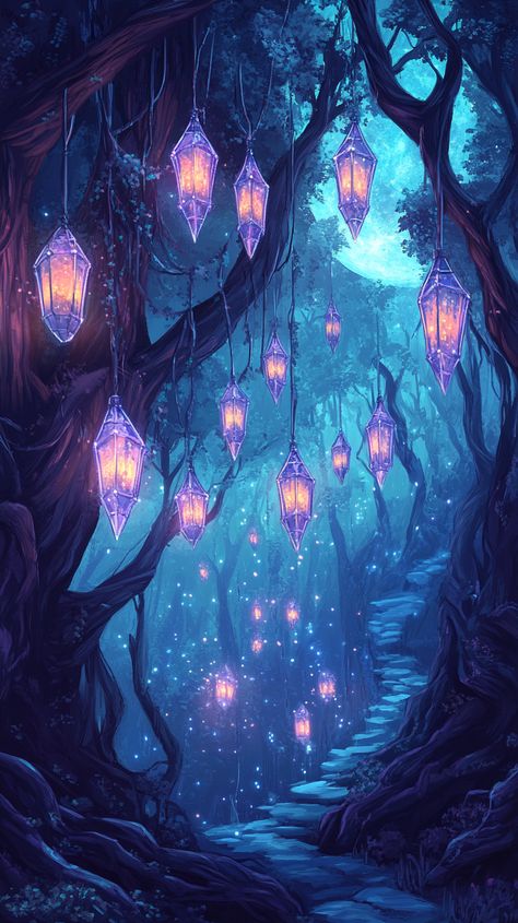 A mystical forest of glowing crystal trees, where ethereal creatures dance in moonlight, surrounded by shimmering, floating lanterns that whisper secrets of the night. Enchanted Forest Aesthetic, Surreal Forest, Crystal Forest, Glowing Crystal, Crystal Trees, Swan Wallpaper, Pink Drawing, Floating Lanterns, Mystical Forest