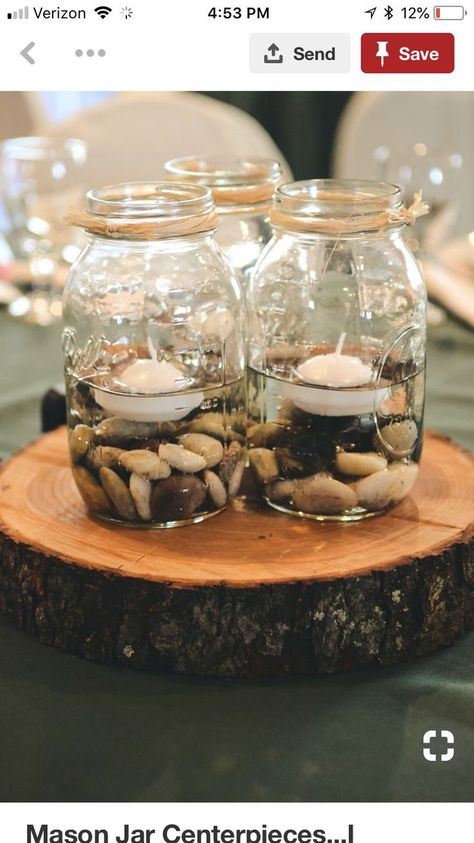 Floating Candle Centerpieces, Jar Centerpieces, Rustic Wedding Centerpieces, Mason Jar Centerpieces, Candle Centerpieces, Mason Jar Diy, Floating Candles, Memorial Service, Mason Jar Crafts