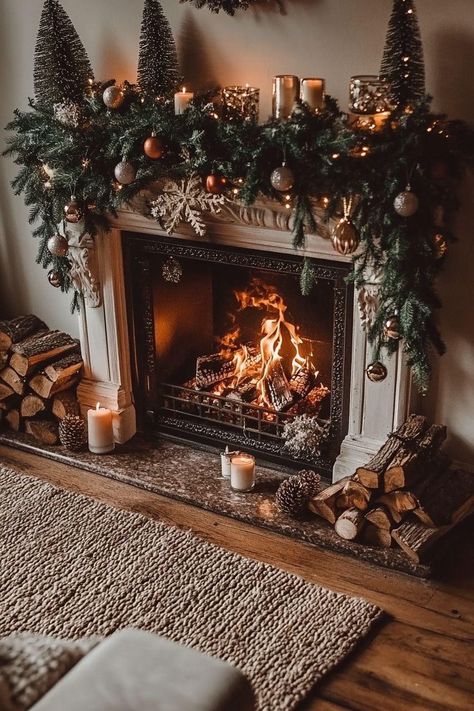 Warm White Christmas Aesthetic, Christmas Photoshoot Fireplace, Cozy Chic Christmas Decor, Woodsy Christmas Aesthetic, Cozy Christmas Living Room Fireplaces, Warm Cozy Christmas Aesthetic, Christmas Decoration Fireplace, Warm Christmas Aesthetic Cozy, Warm Christmas Decor Ideas