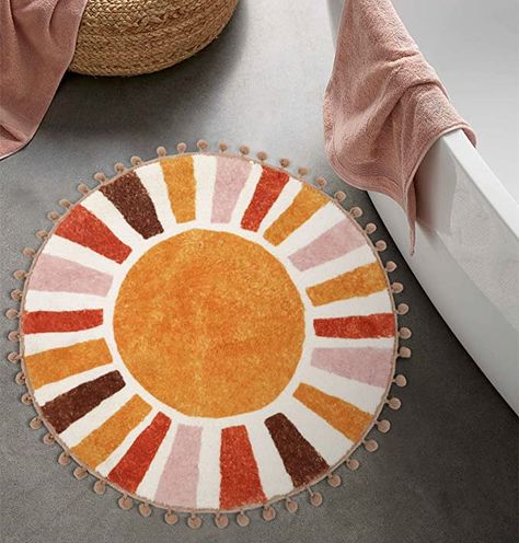 Sun Rug, Colorful Boho Rugs, Rug For Bathroom, Circular Rugs, Dorm Living Room, Retro Sun, Rainbow Rug, Boho Bathroom, Circle Rug