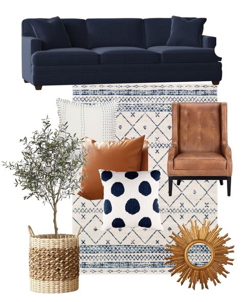 98" Square Arm Sofa curated on LTK Pattern Ottoman Living Rooms, Navy Sofa In Living Room, Navy Couch Living Room Decor, Living Room With Navy Sectional, Blue Brown And Gold Living Room, Navy Tan Living Room, Navy Home Decor Ideas, Blue Sofa Boho Living Room, Blue Couch Mood Board