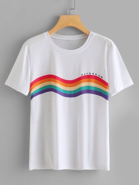 Rainbow Stripe Print T-shirt -SheIn(Sheinside) Rainbow T-shirt, Pride T Shirt Design, Rainbow Shirts, Rainbow Tshirt, Shirt Painting, Gay Shirts, Rainbow Tee, Rainbow T Shirt, Paint Shirts