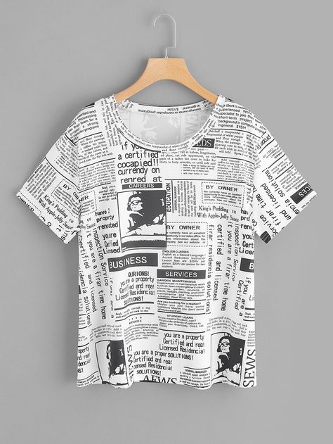 Newspaper Print, Newspaper Printing, Wardrobe Planning, Denim Overall Dress, Dress Shirts For Women, Print Tee, Overall Dress, Shein Style, Sleeves Pattern