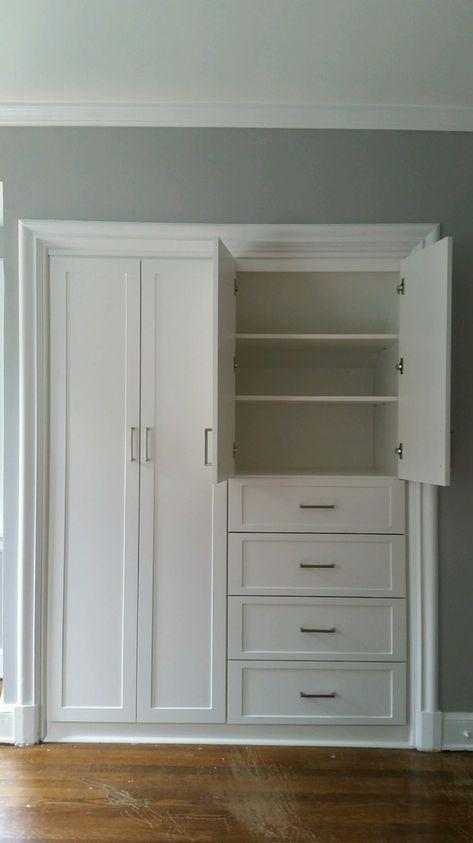 Closet In Wall Ideas, Master Wall Closet, Master Built In Wardrobe, Built In Reach In Closet, In Wall Drawers, Built In Closet Shelving, Closet Conversion Ideas Office, Walk In Closet Built In Dresser, Premade Cabinets Built Ins