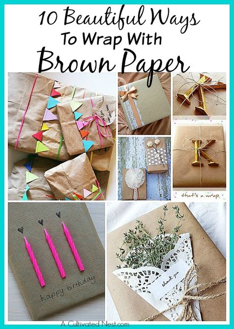 10 Beautiful Ways to Wrap A Present  With Inexpensiveness Brown Paper | Sometimes the prettiest things are the simplest things. Such is the case with brown wrapping paper!  All it needs is an extra element or two to look simply perfect. Brown Paper Wrapping Ideas, Wrapping Ideas Birthday, Paper Wrapping Ideas, Brown Wrapping Paper, Wrap A Present, Brown Paper Wrapping, Men's Gifts, Astuces Diy, Popular Gifts