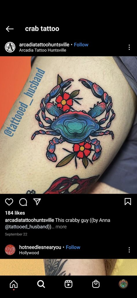 Neotraditional Nautical Tattoo, Ocean Themed Traditional Tattoo, Traditional Crab Tattoo Design, Neo Traditional Crab Tattoo, Traditional Ocean Tattoo Sleeve, American Traditional Ocean Tattoo, American Traditional Crab Tattoo, Crab Tattoo Traditional, Nautical Traditional Tattoo