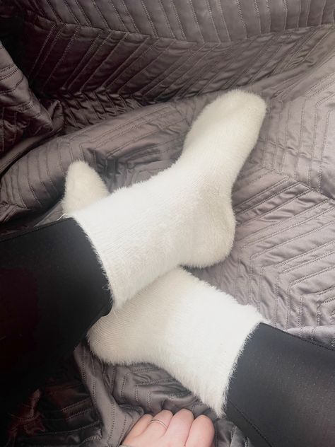 White fluffy socks with black leggings on a gray blanket Fluffy Socks Outfit, Fuzzy Socks Outfit, White Fuzzy Socks, Socks Over Leggings, Grey Socks, Fluffy Socks, Sock Outfits, Gray Blanket, Fuzzy Socks