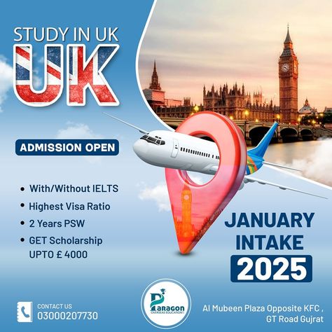 Step into your future with UK studies this January! Admissions open now, with options for students with or without IELTS. Benefit from our high visa success rate, a 2-year Post-Study Work Visa, and scholarships up to £4,000. Your path to global opportunities starts here—don’t wait! For Further Details kindly Contact or Visit Us: 📍1st Floor Al Mubeen Plaza Near Rescue 1122 Service Morh GT Road, Gujrat 📞+92 3000203761 , 0533724484 +92 3000207730 +92 333 1207008 +92 300 0207732 +92 333 1207009 +... Ielts Social Media Post, Canada University, Uk Study Visa, Study In Uk, Visa Canada, Uk Visa, Uk Universities, Overseas Education, Dream Career