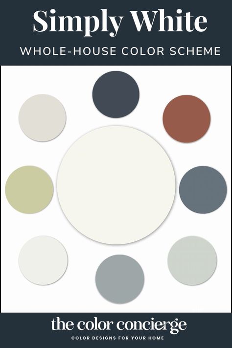 A whole-house color palette using Simply White by Benjamin Moore #bejaminmoore #simplywhite #colorpalette, whole house color palette, benjamin moore paint colors, kitchen designs, home decor, room inspo, master bedroom decor, minimalist bedroom, color palette, room decor, room ideas, bedroom inspirations, dining room decor, small living room ideas, bathroom decor Colors That Go With Simply White, Simply White Color Combinations, Bm Simply White Color Palette, Simply White Benjamin Moore Complimentary Colors, Simply White Coordinating Colors, Simply White Color Palette, White Living Room Paint Colors, Benjamin Moore Simply White, Interior Color Palette